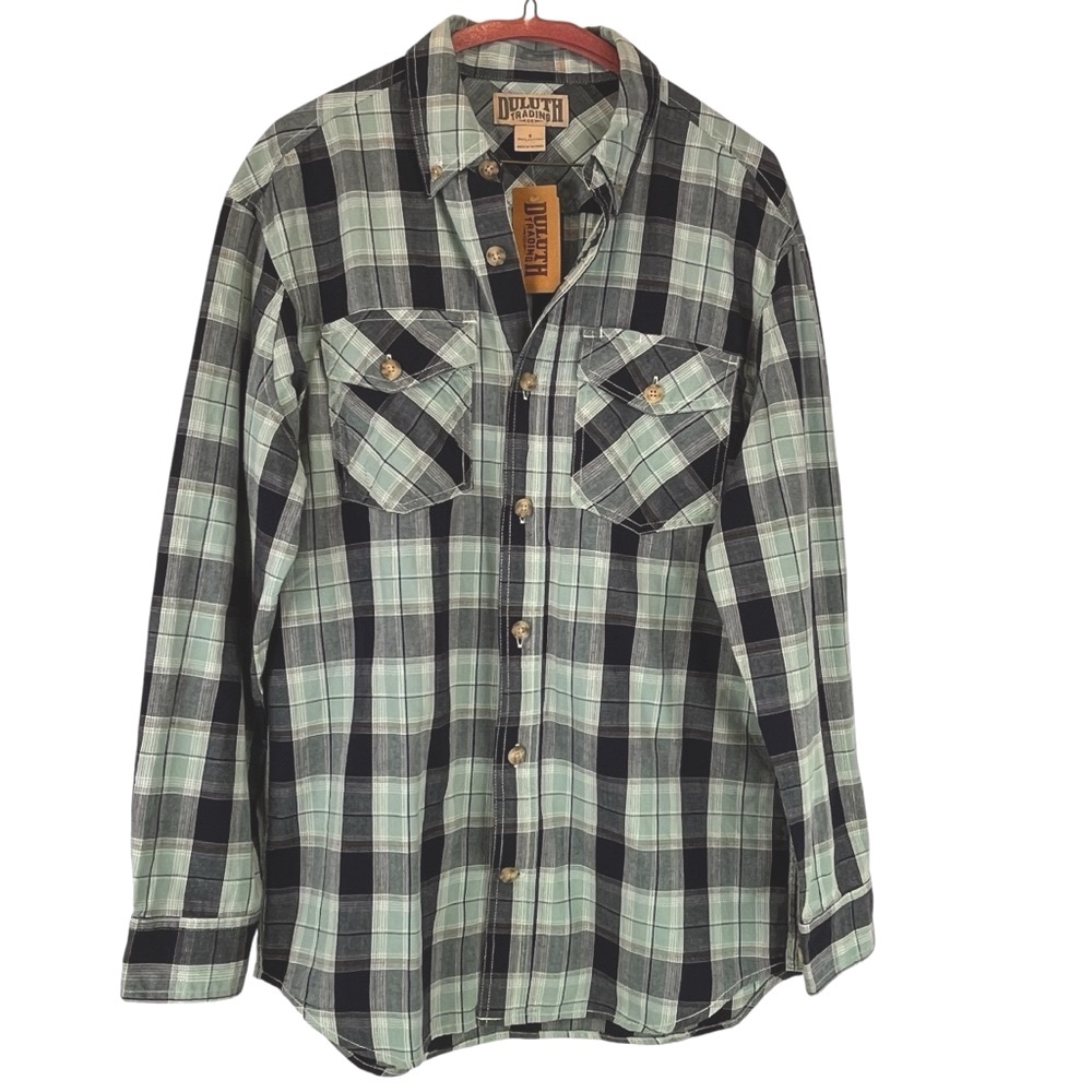 NEW Duluth Trading Free Swingin' Chambray Long Sleeve Plaid Shirt Sz S Blue NWT